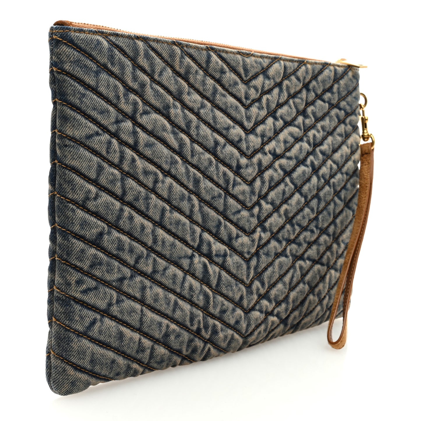 Denim Matelasse Chevron Monogram A5 Wristlet Blue