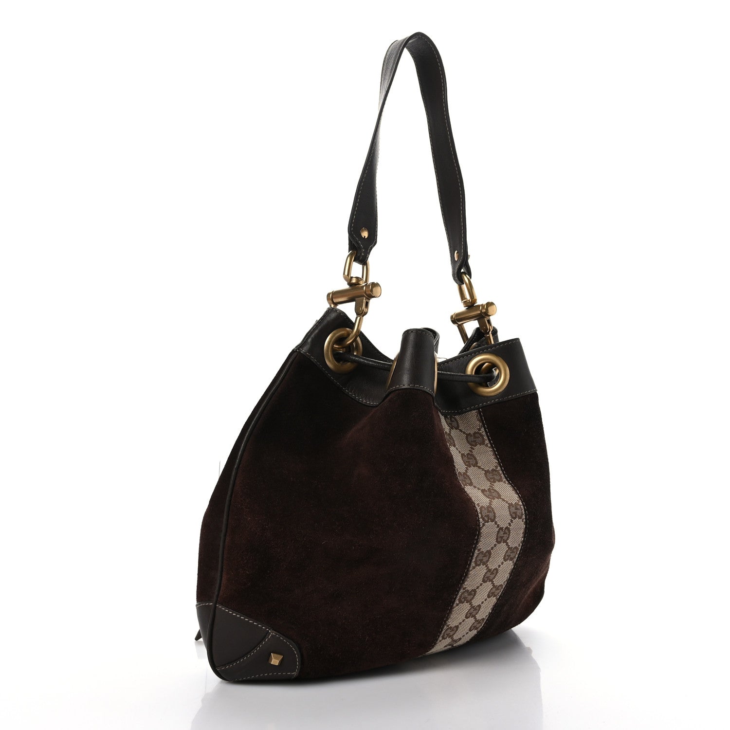 Gucci Suede Monogram Drawstring Bag Brown 3 of 10