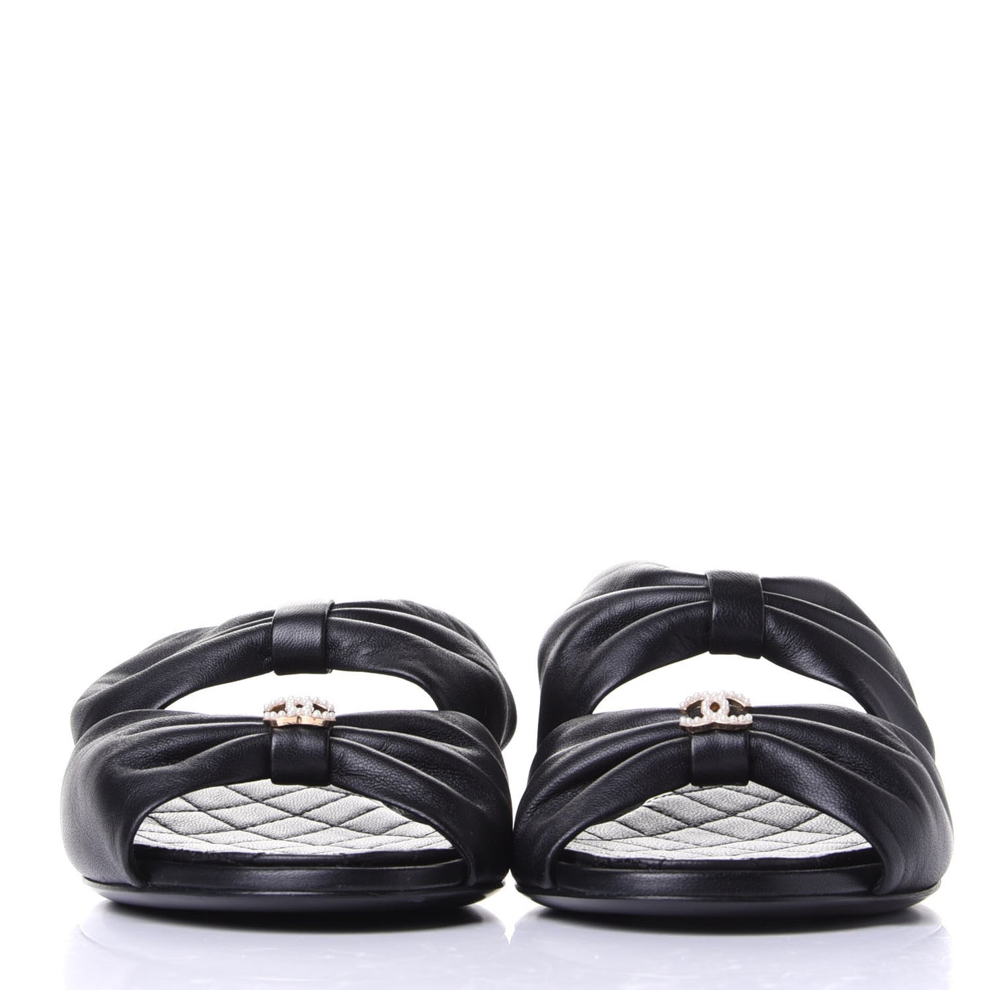 Lambskin Pearl Bow CC Flat Sandals 37.5 Black