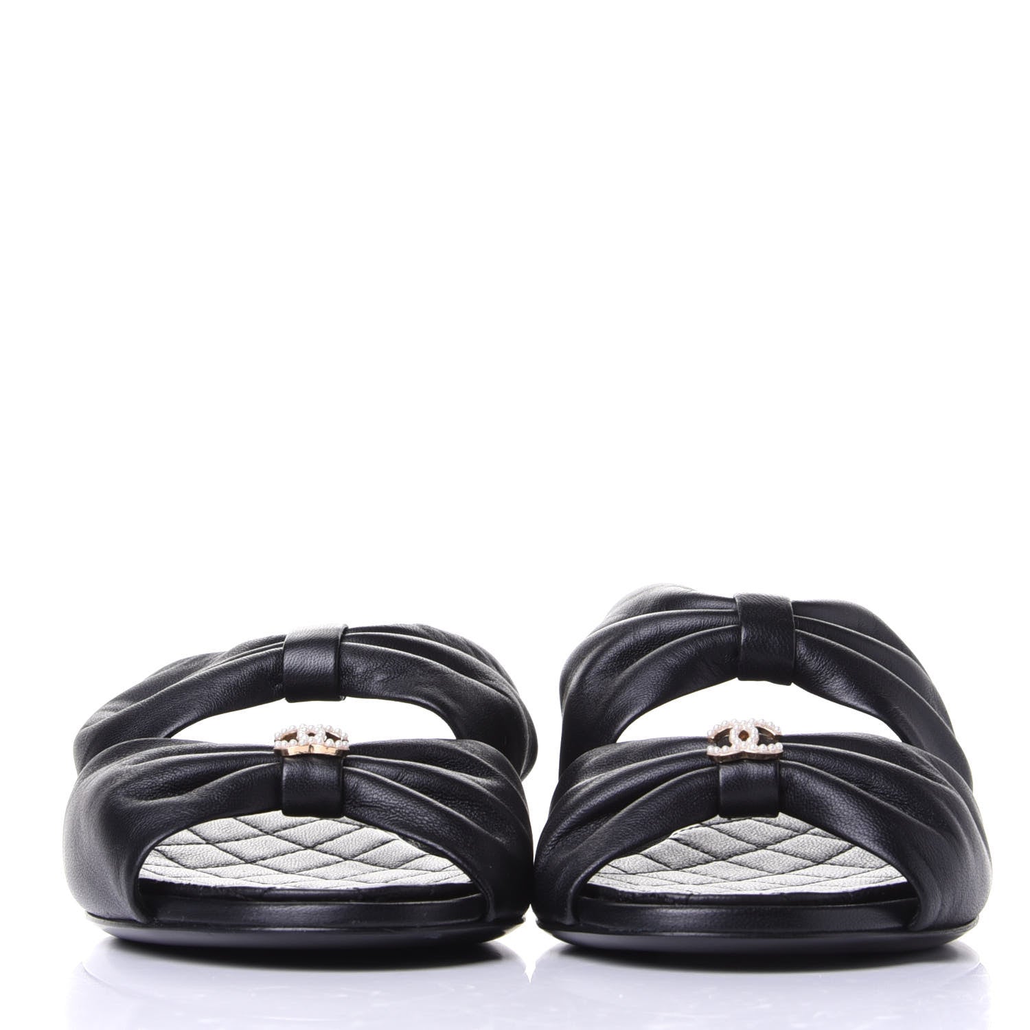 Chanel Lambskin Pearl Bow CC Flat Sandals 37.5 Black 2 of 11