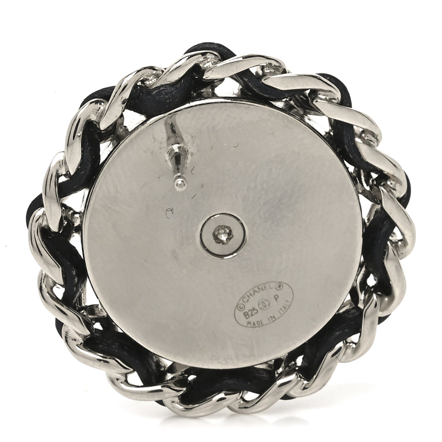 Metal Enamel Lambskin CC Round Earrings Black Silver