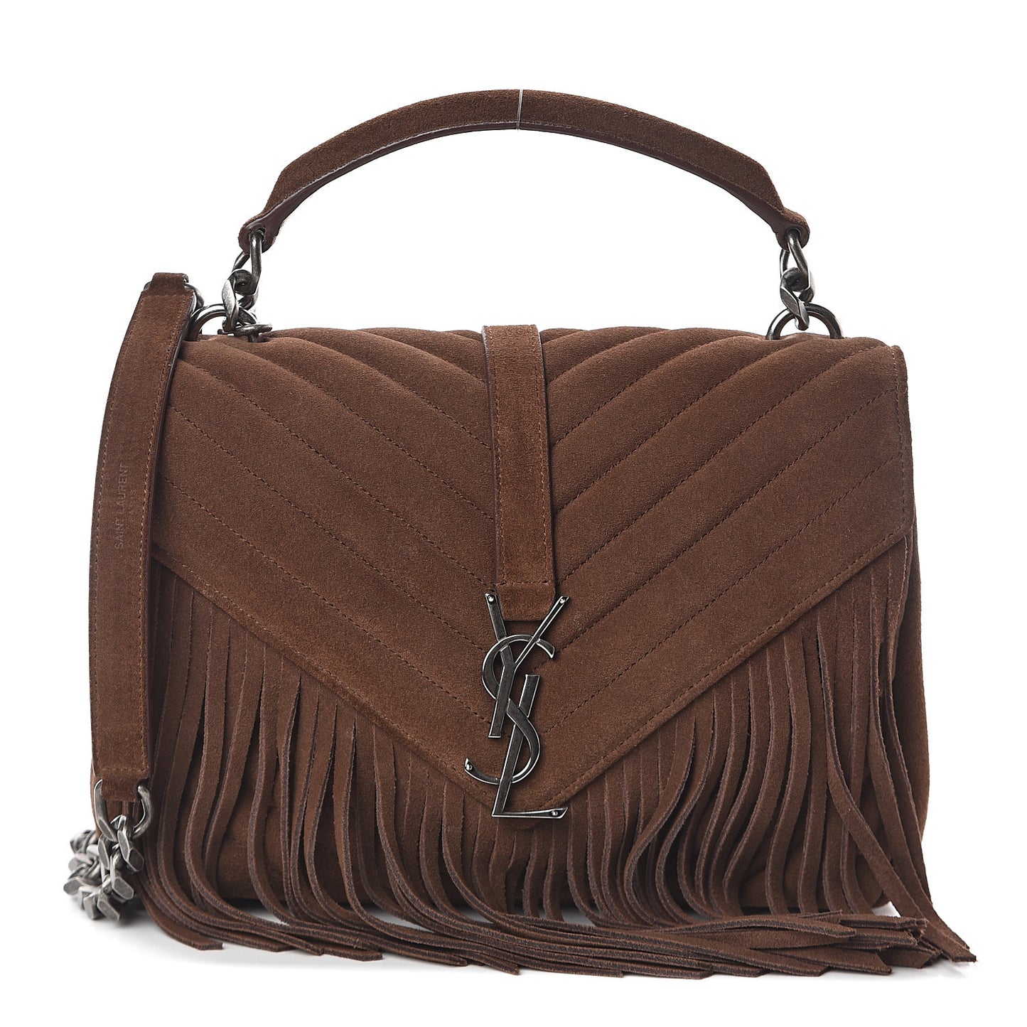 Suede Matelasse Chevron Fringe Monogram Medium College Bag Marron Clair