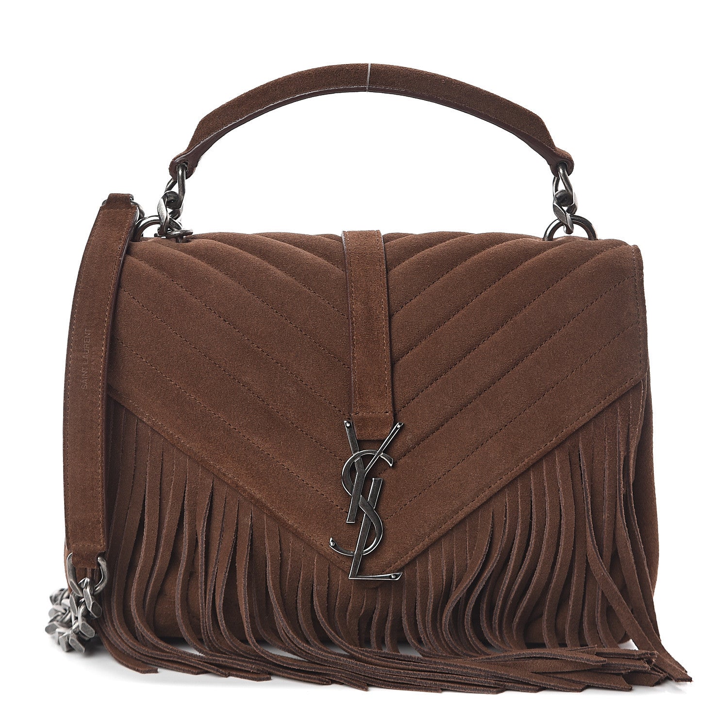 Saint Laurent Suede Matelasse Chevron Fringe Monogram Medium College Bag Marron Clair 1 of 9