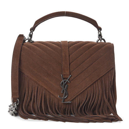 Saint Laurent Suede Matelasse Chevron Fringe Monogram Medium College Bag Marron Clair 1 of 9