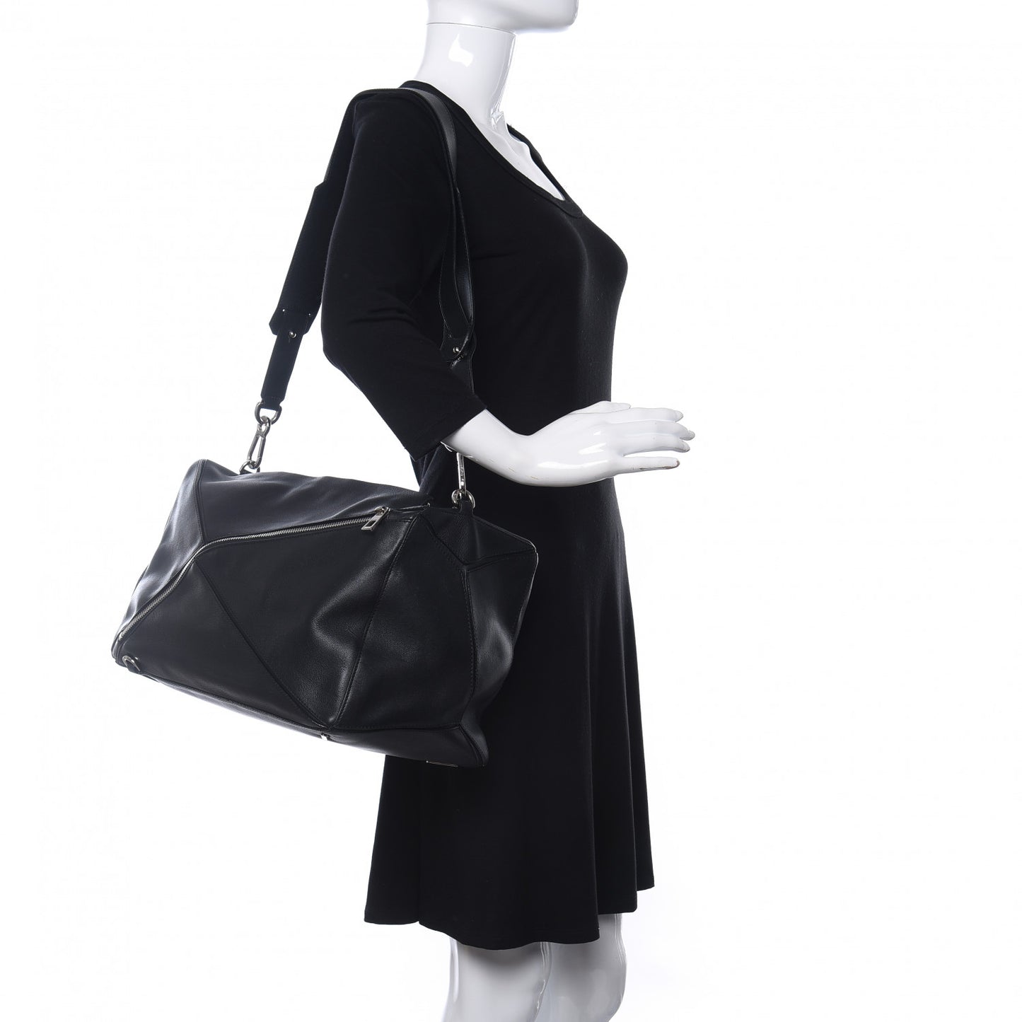 Calfskin Large Zipper Puzzle Bag Black