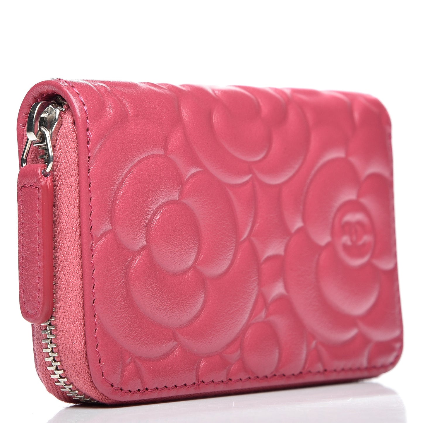 Lambskin Camellia Embossed Zip Around Card Holder Fuchsia