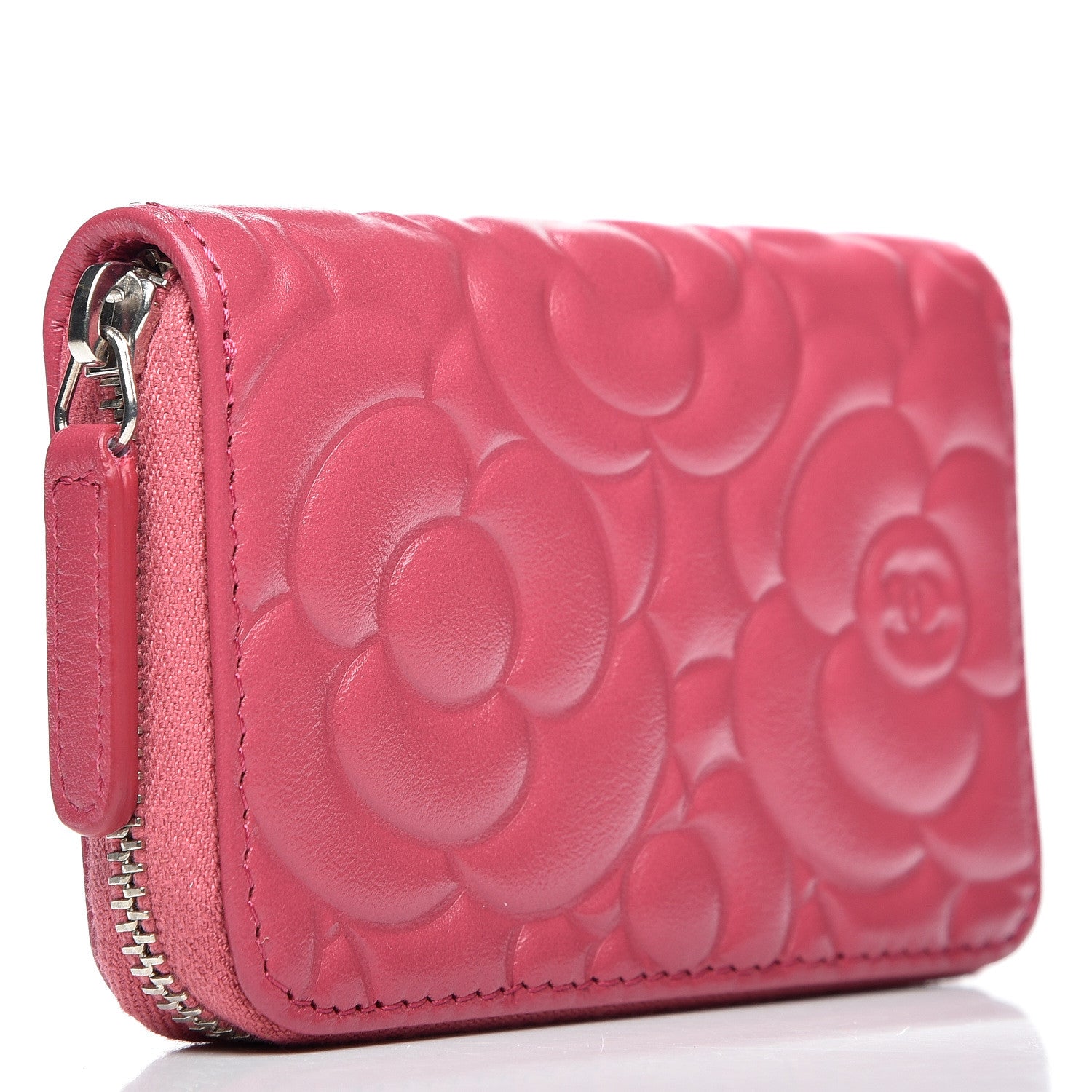 Chanel Lambskin Camellia Embossed Zip Around Card Holder Fuchsia 2 of 10