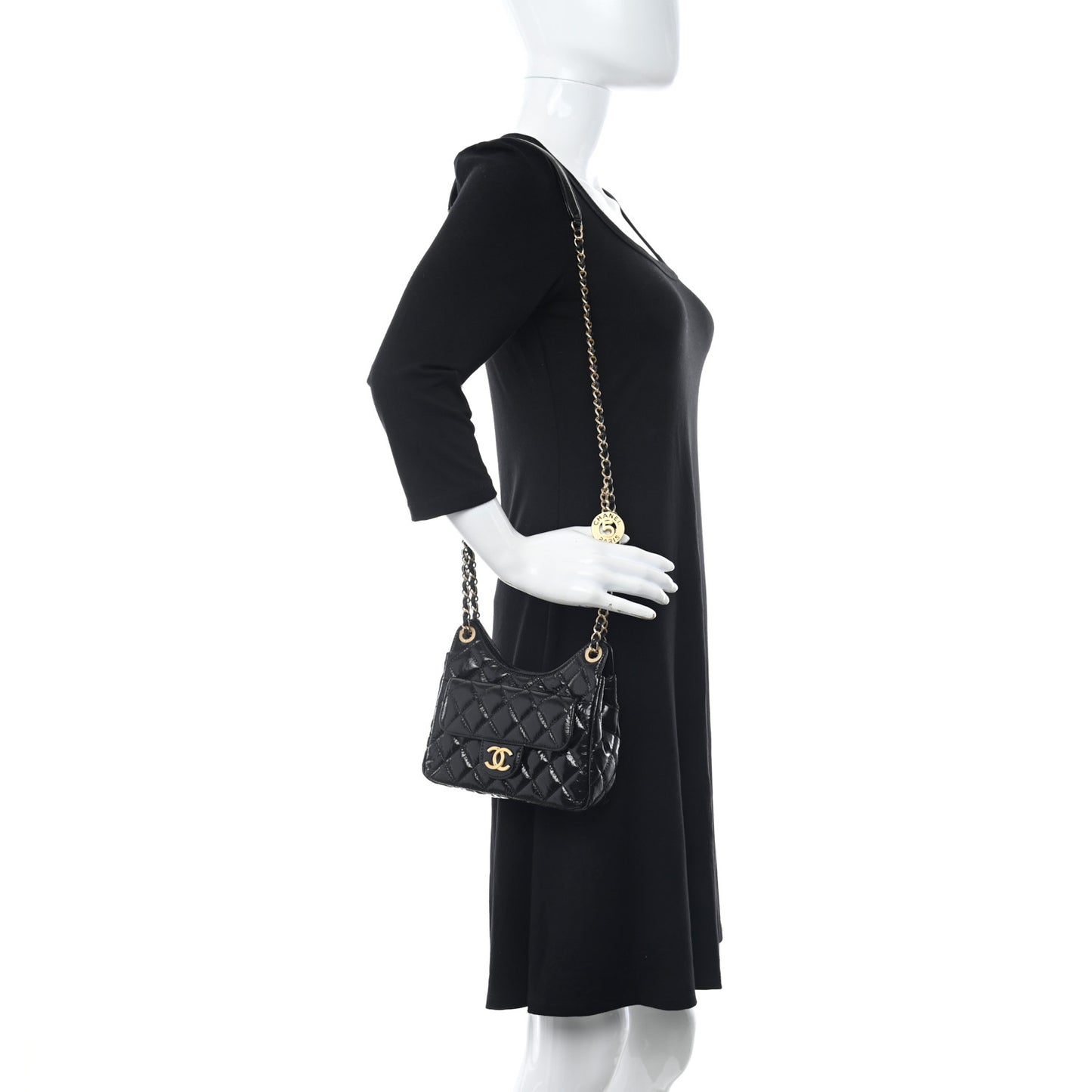 Shiny Crumpled Calfskin Quilted Small Wavy CC Hobo Black