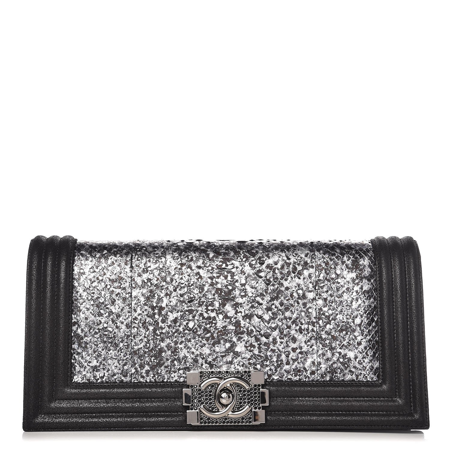 Chanel Calfskin Python Boy Flap Clutch Black 1 of 8