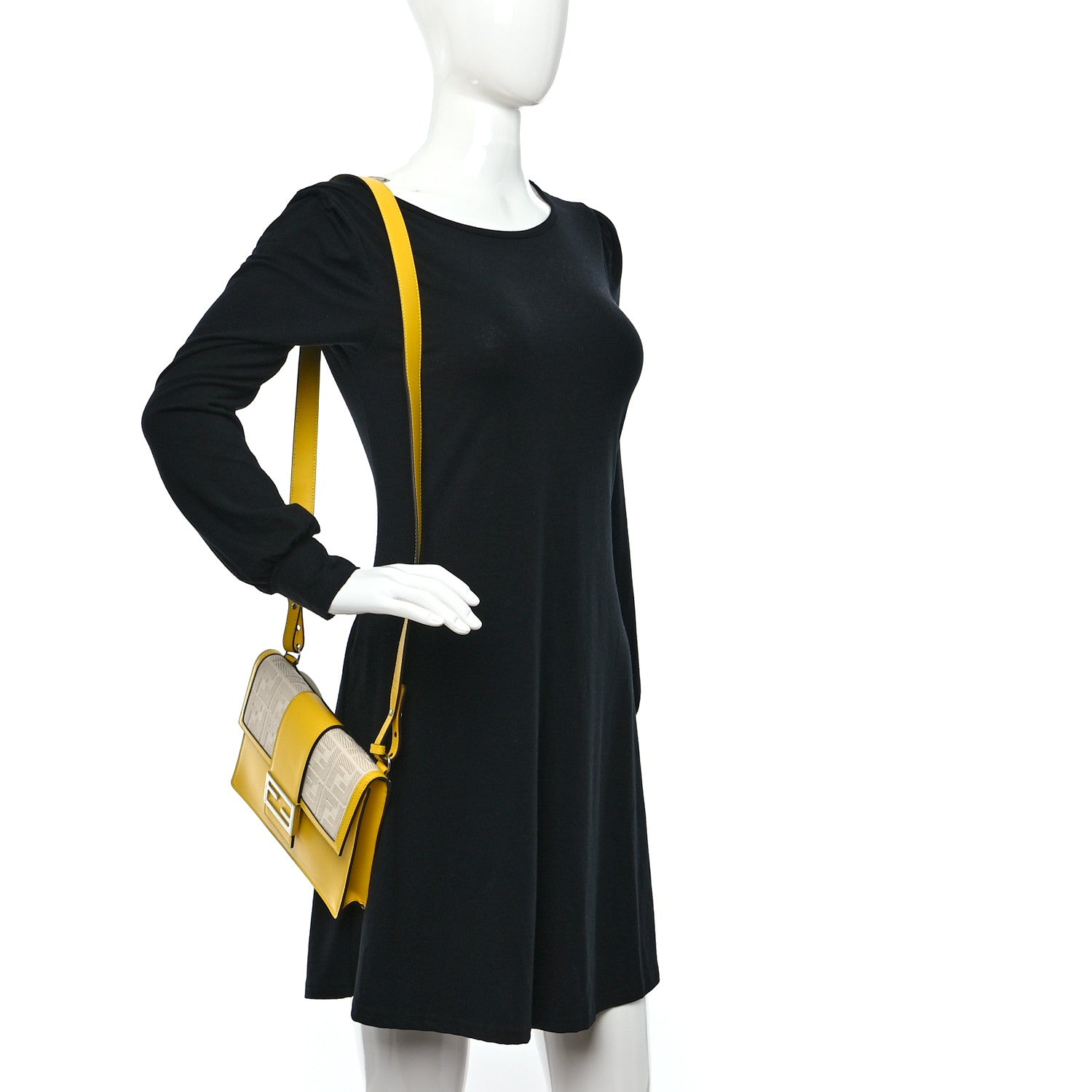Fendi Canvas Vitello King FF Embroidered Medium Flat Baguette Grezzo Limone 3 of 9
