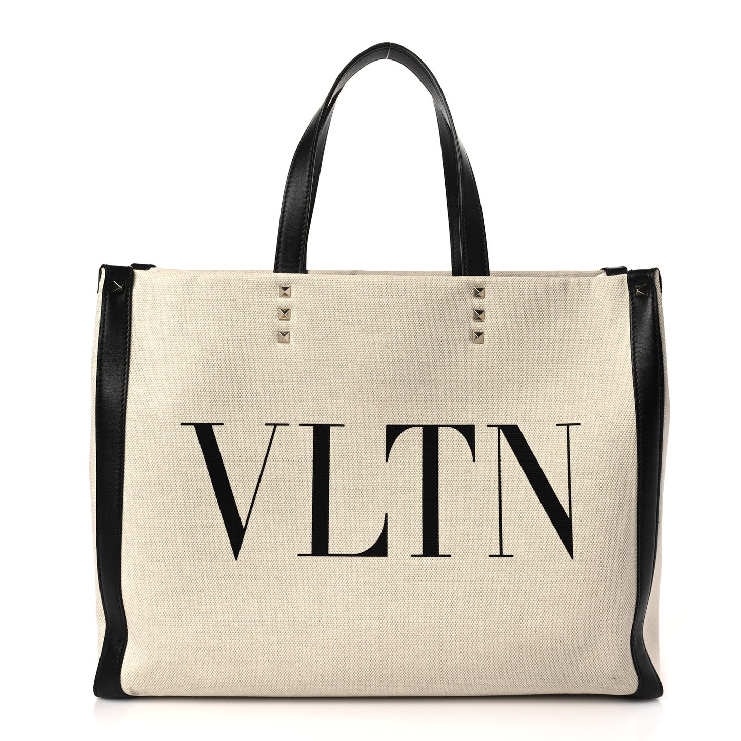 Canvas Calfskin VLTN Print Small Rockstud Tote Naturale Black