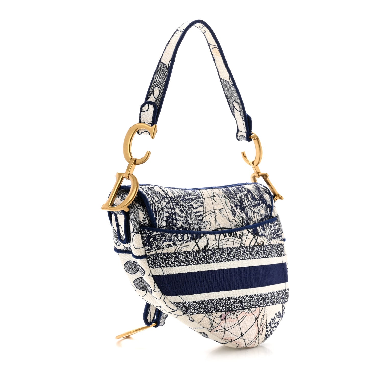 Canvas Embroidered Around the World Saddle Bag Blue