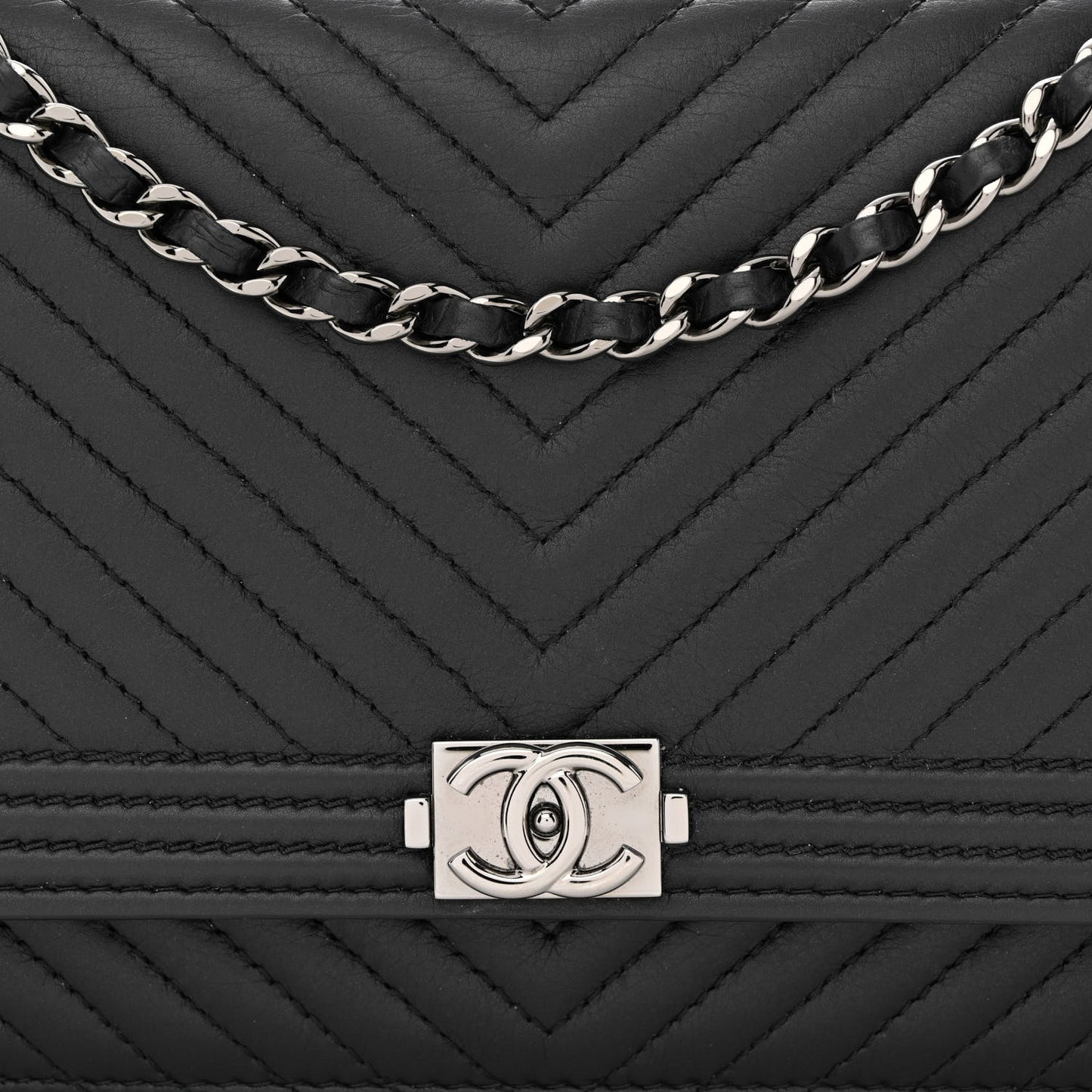 Calfskin Chevron Quilted Boy Wallet On Chain WOC Black