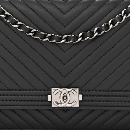 Chanel Calfskin Chevron Quilted Boy Wallet On Chain WOC Black 9 of 15