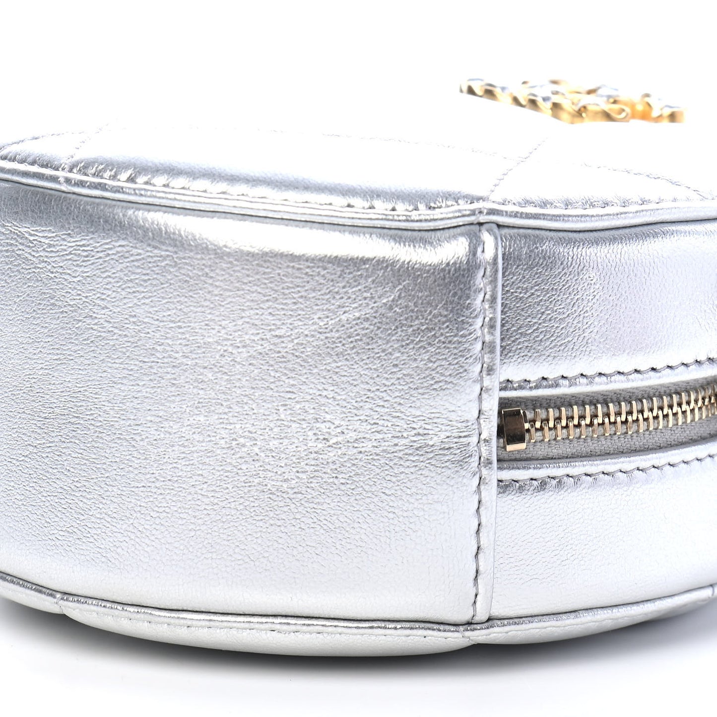 Metallic Lambskin Quilted Chanel 19 Round Clutch With Chain Silver