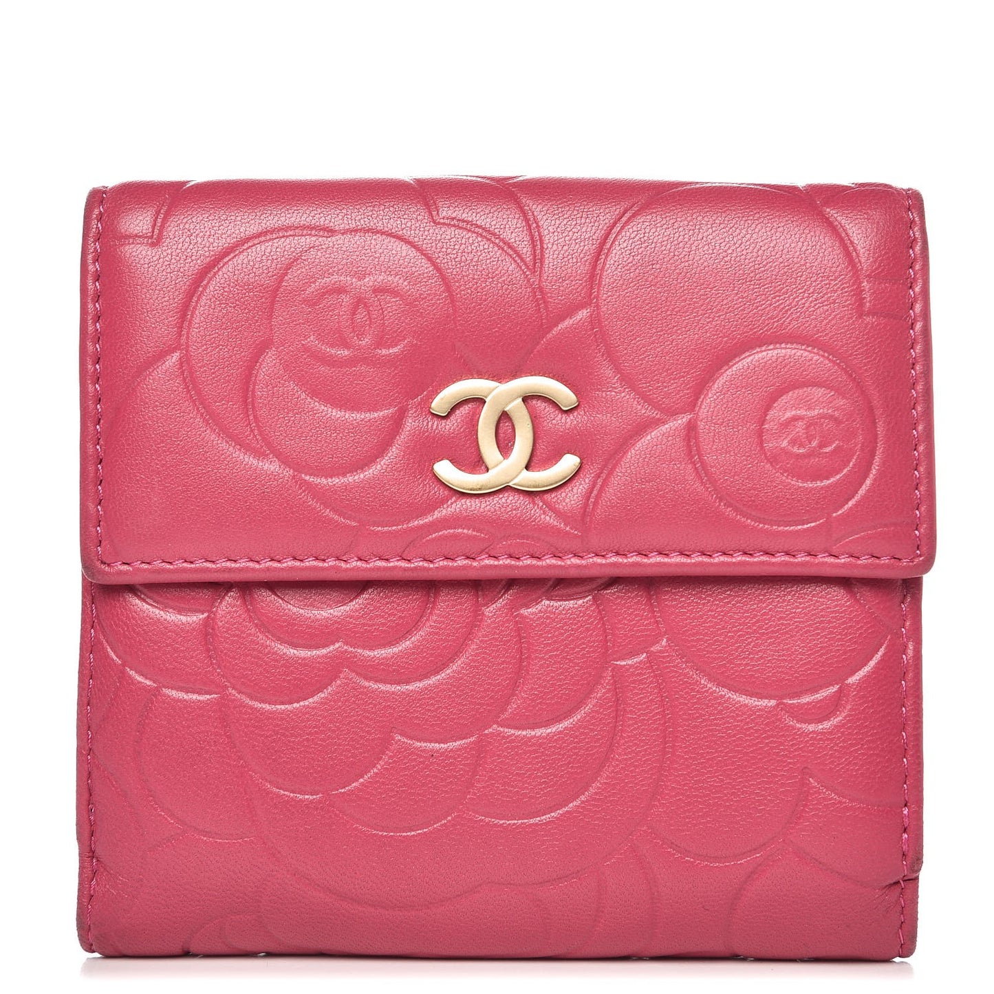 Lambskin Embossed Camellia French Wallet Fuchsia
