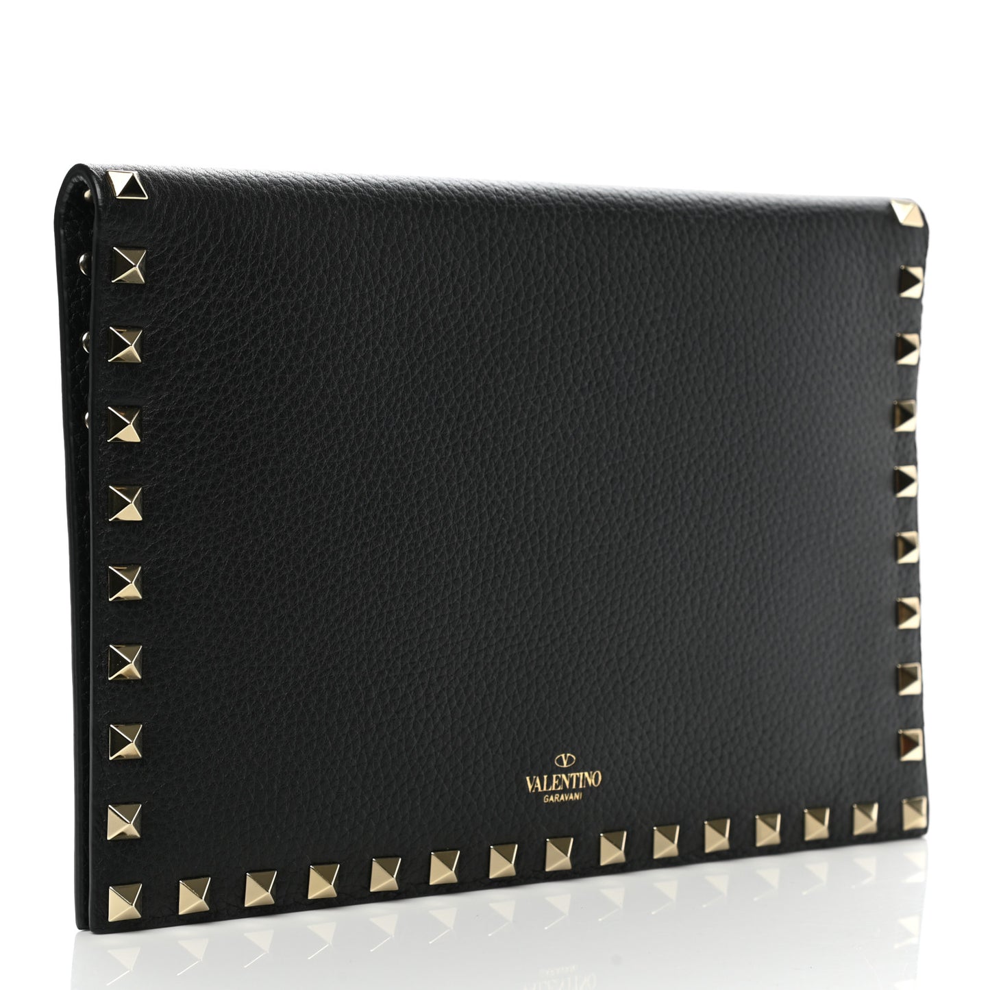 Pebbled Calfskin Rockstud Flap Clutch Black