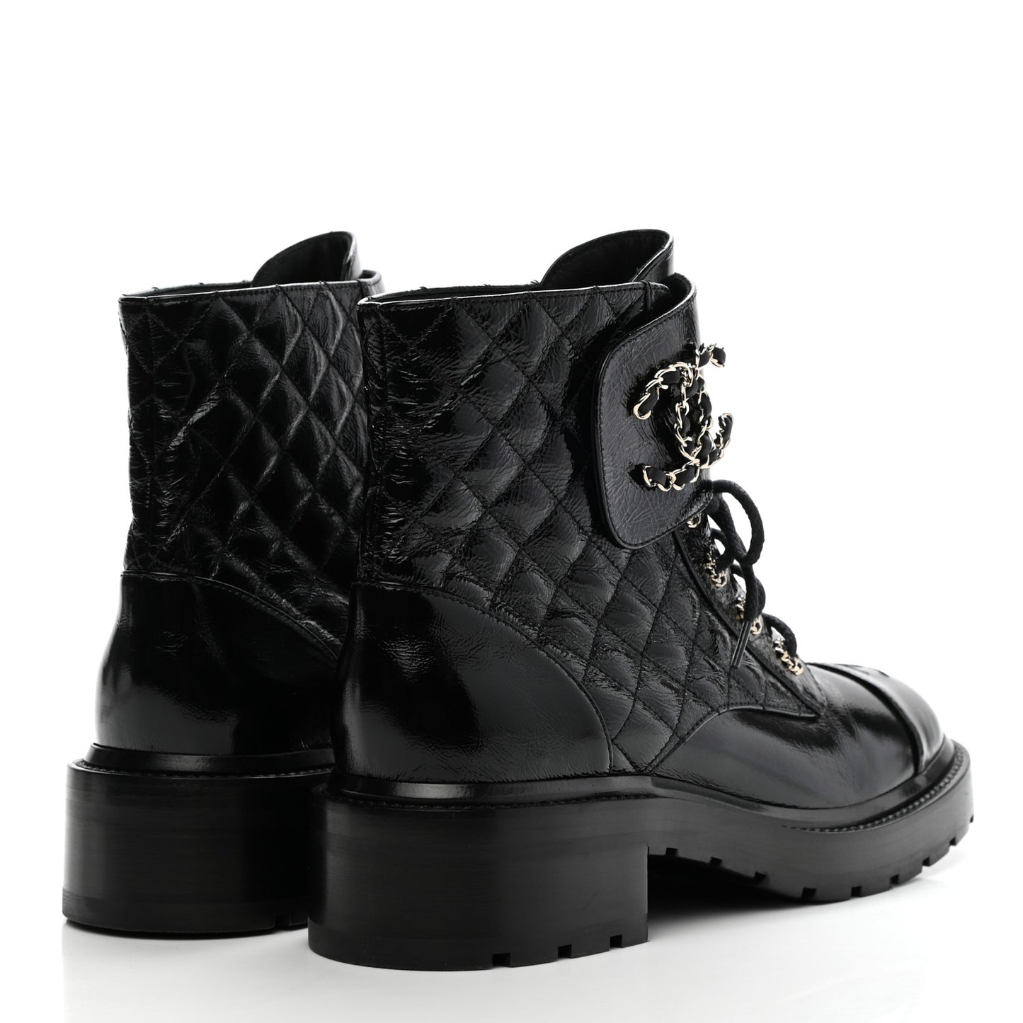Shiny Calfskin Quilted Lace Up Combat Boots 40.5 Black