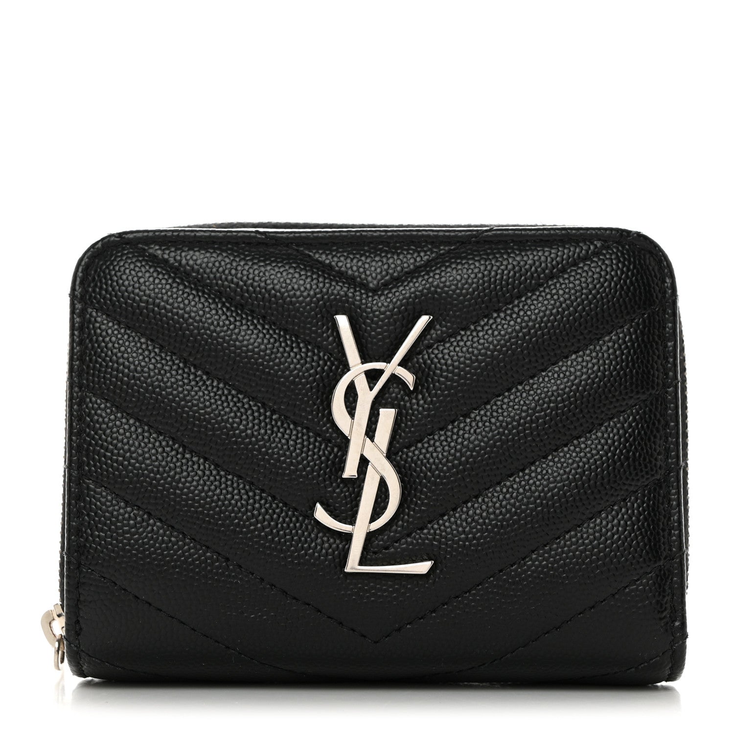 Saint Laurent Grain De Poudre Matelasse Chevron Monogram Compact Zip Around Wallet Black 1 of 7