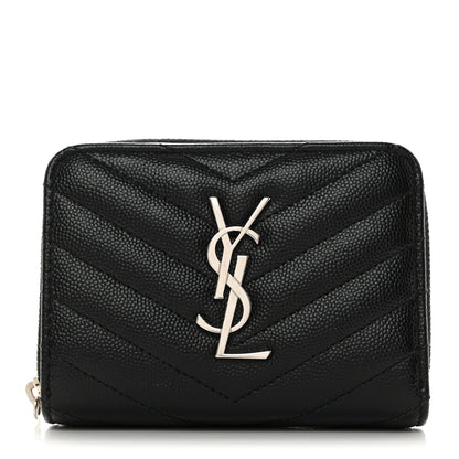 Saint Laurent Grain De Poudre Matelasse Chevron Monogram Compact Zip Around Wallet Black 1 of 7