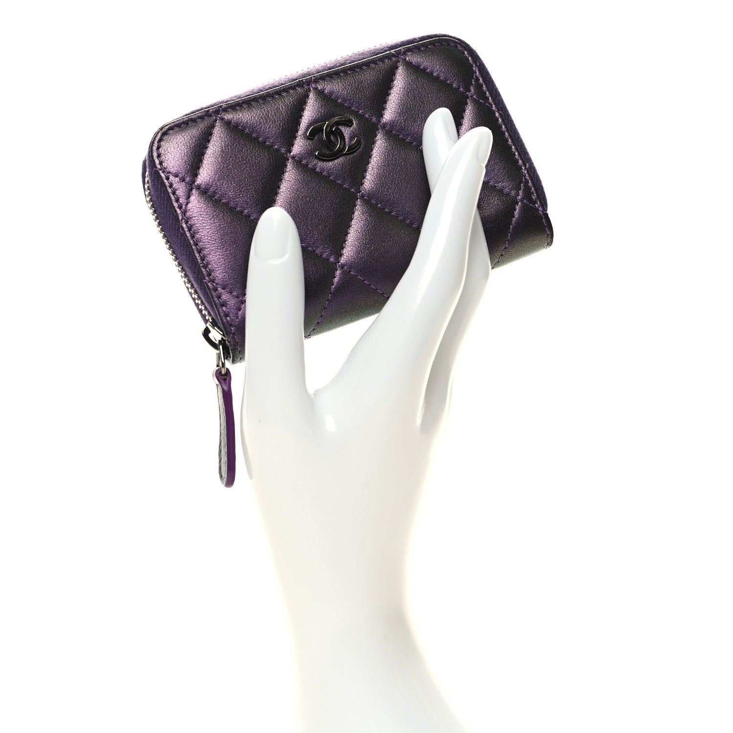 Chanel Metallic Lambskin Quilted Zip Around Coin Purse Wallet Purple 2 of 9