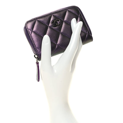 Chanel Metallic Lambskin Quilted Zip Around Coin Purse Wallet Purple 2 of 9