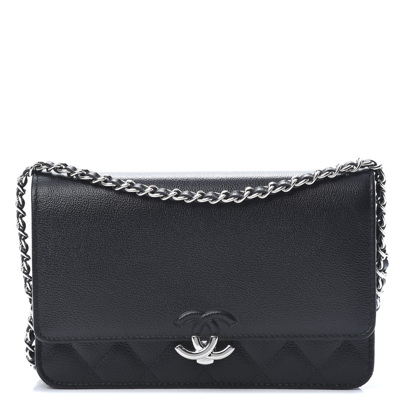 Grained Calfskin Quilted CC Box Wallet On Chain WOC Black