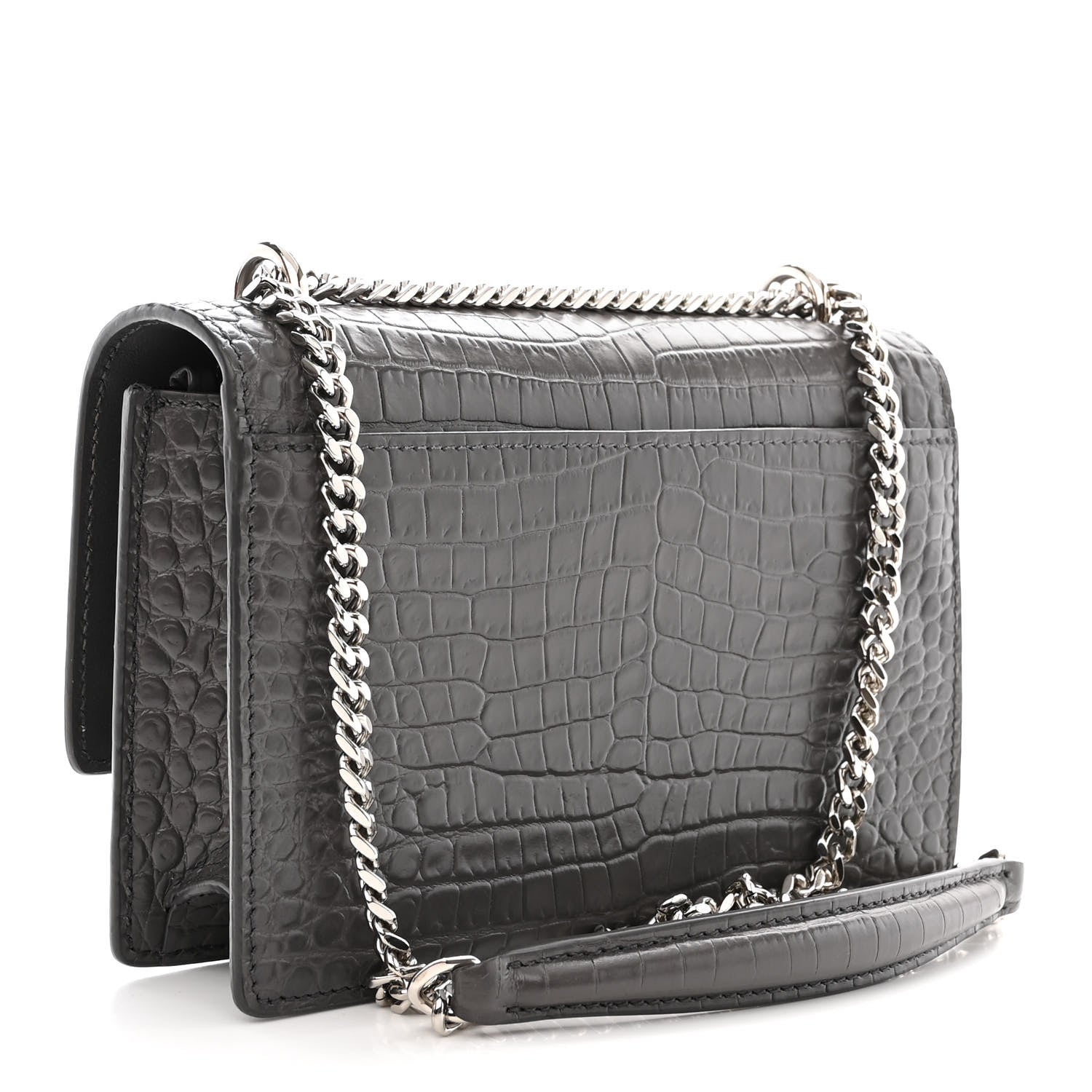 Saint Laurent Calfskin Crocodile Embossed Monogram Sunset Chain Wallet Graphite 3 of 14