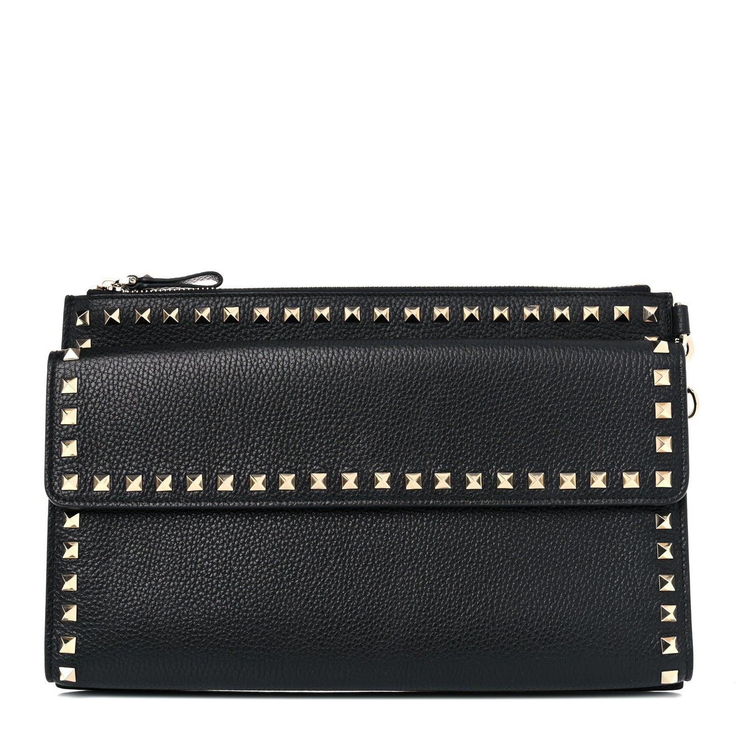 Pebbled Calfskin Large Rockstud Wristlet Clutch Black