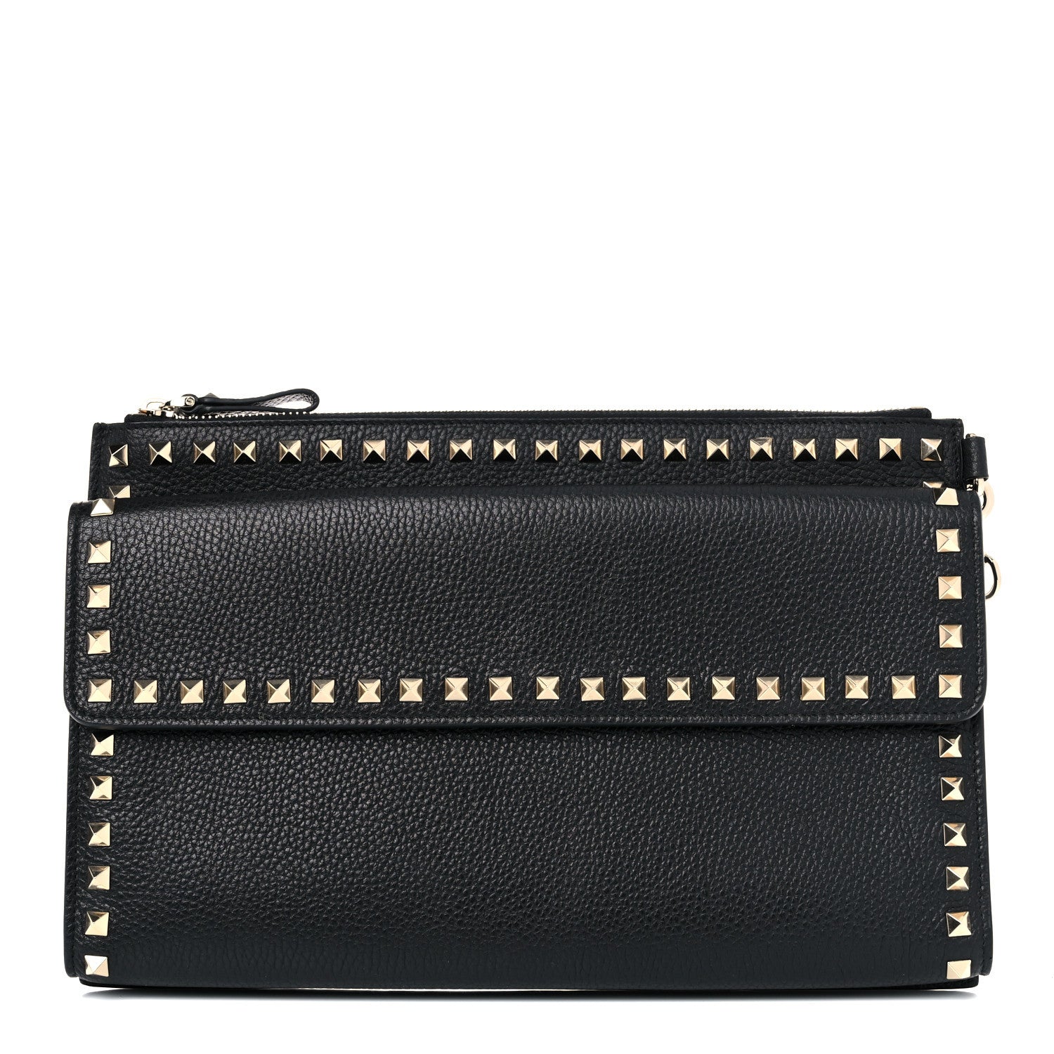 Valentino Garavani Pebbled Calfskin Large Rockstud Wristlet Clutch Black 1 of 9