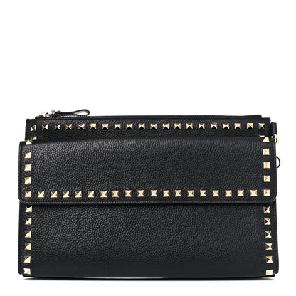 Valentino Garavani Pebbled Calfskin Large Rockstud Wristlet Clutch Black 1 of 9