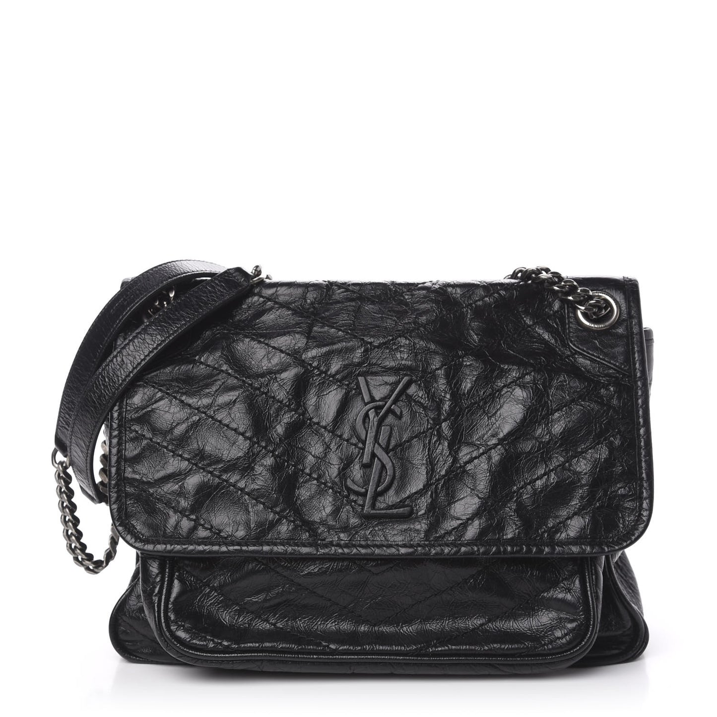 Crinkled Calfskin Matelasse Monogram Medium Niki Chain Satchel Black