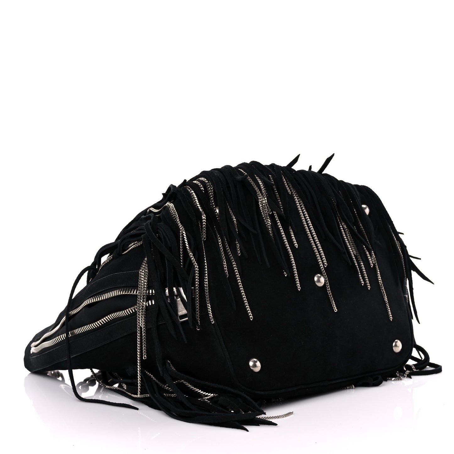 Suede Calfskin Medium Emmanuelle Chain Fringe Bucket Bag Black