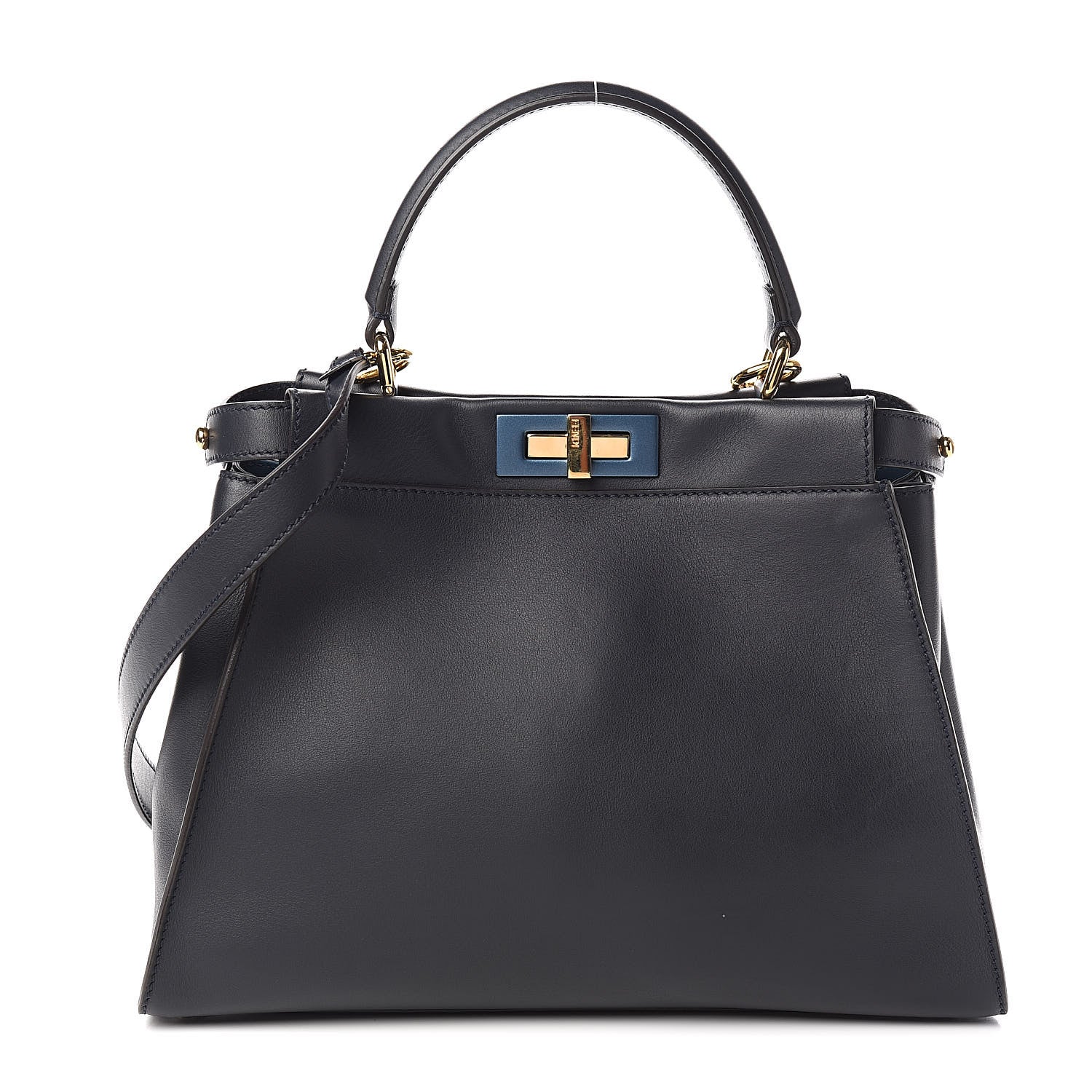 Fendi Vitello Seta Shiny Nappa Medium Peekaboo Iconic Satchel Blue Notte Turchese 1 of 12