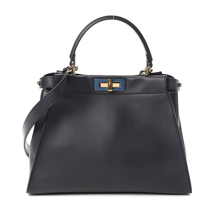 Fendi Vitello Seta Shiny Nappa Medium Peekaboo Iconic Satchel Blue Notte Turchese 1 of 12