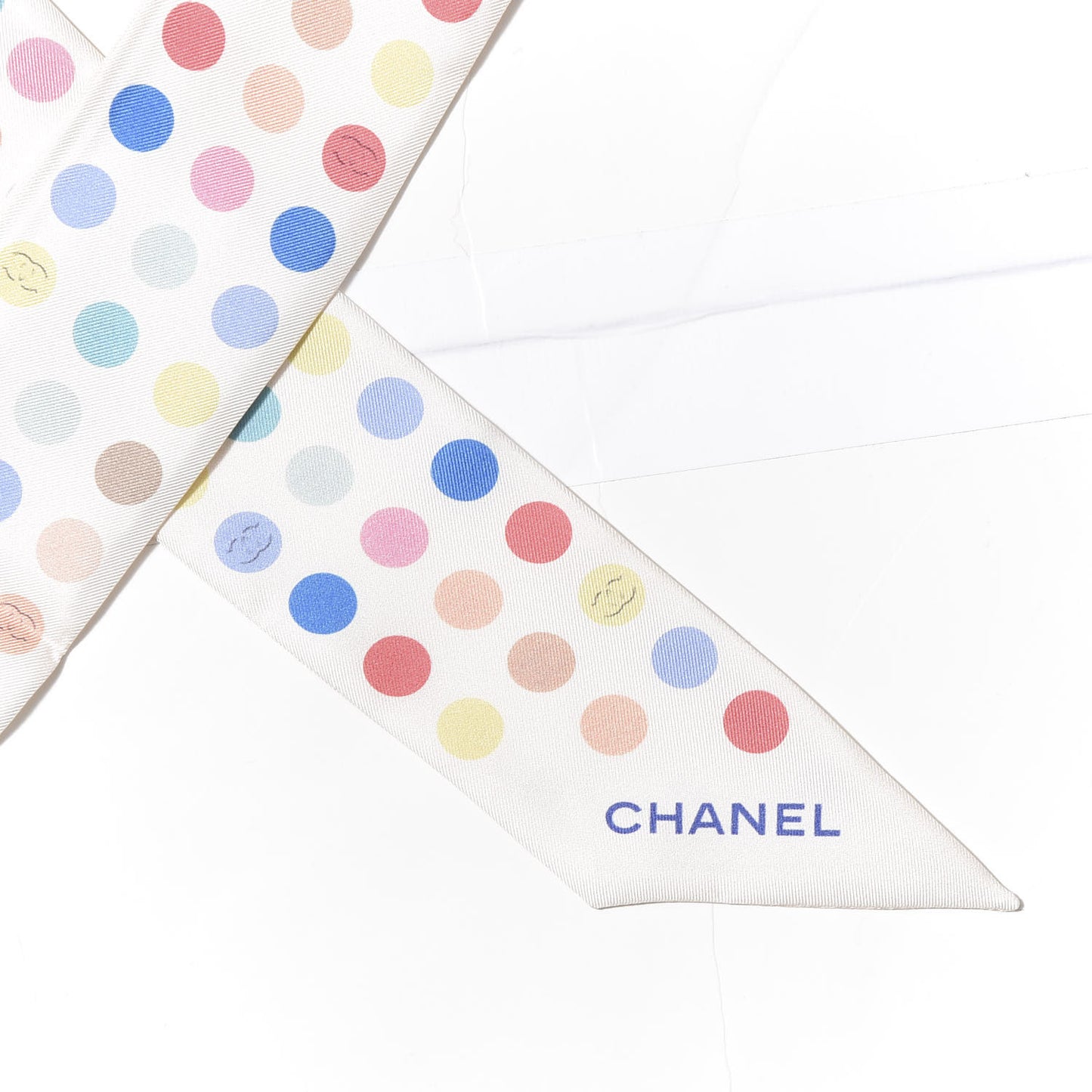 Silk Polka Dot CC Slim Bandeau Scarf Ivory Multicolor