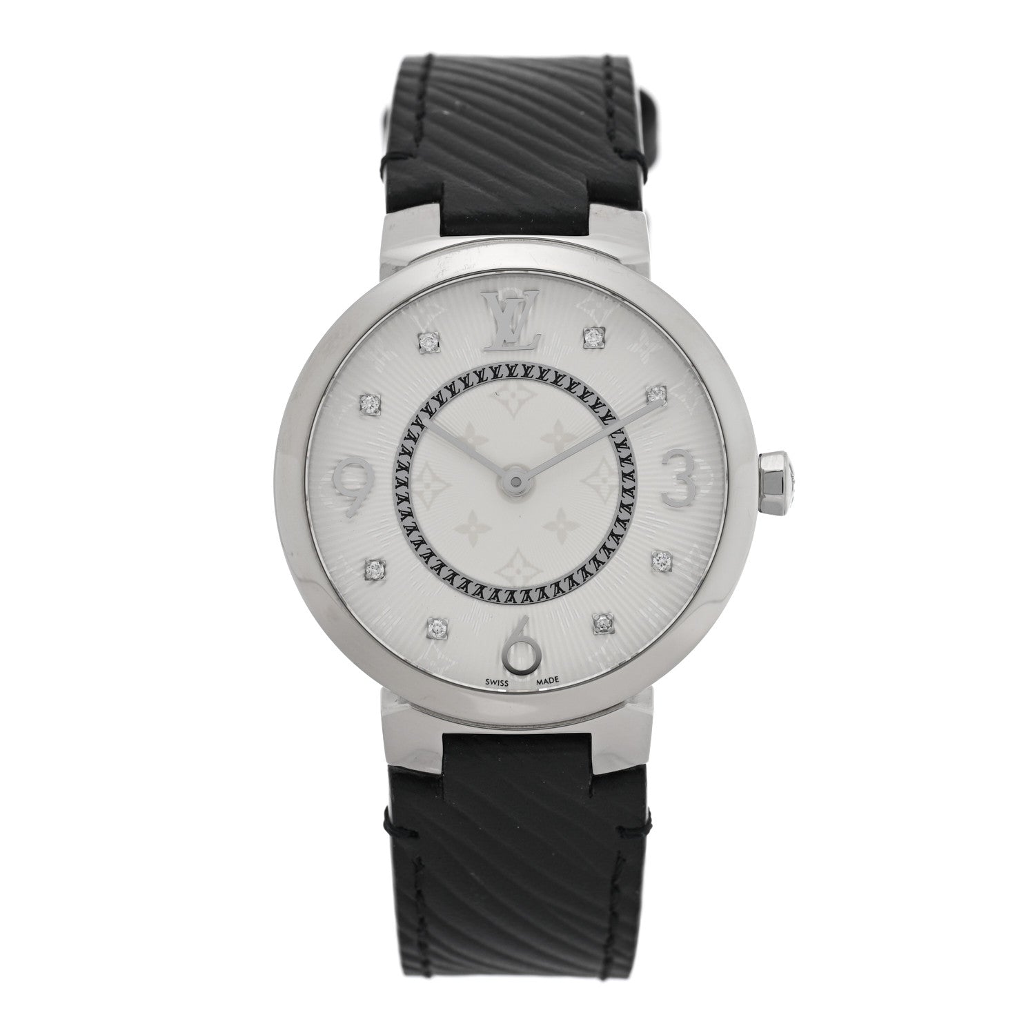 Louis Vuitton Stainless Steel Epi Diamond 33mm Tambour Slim Quartz Watch Black 1 of 5