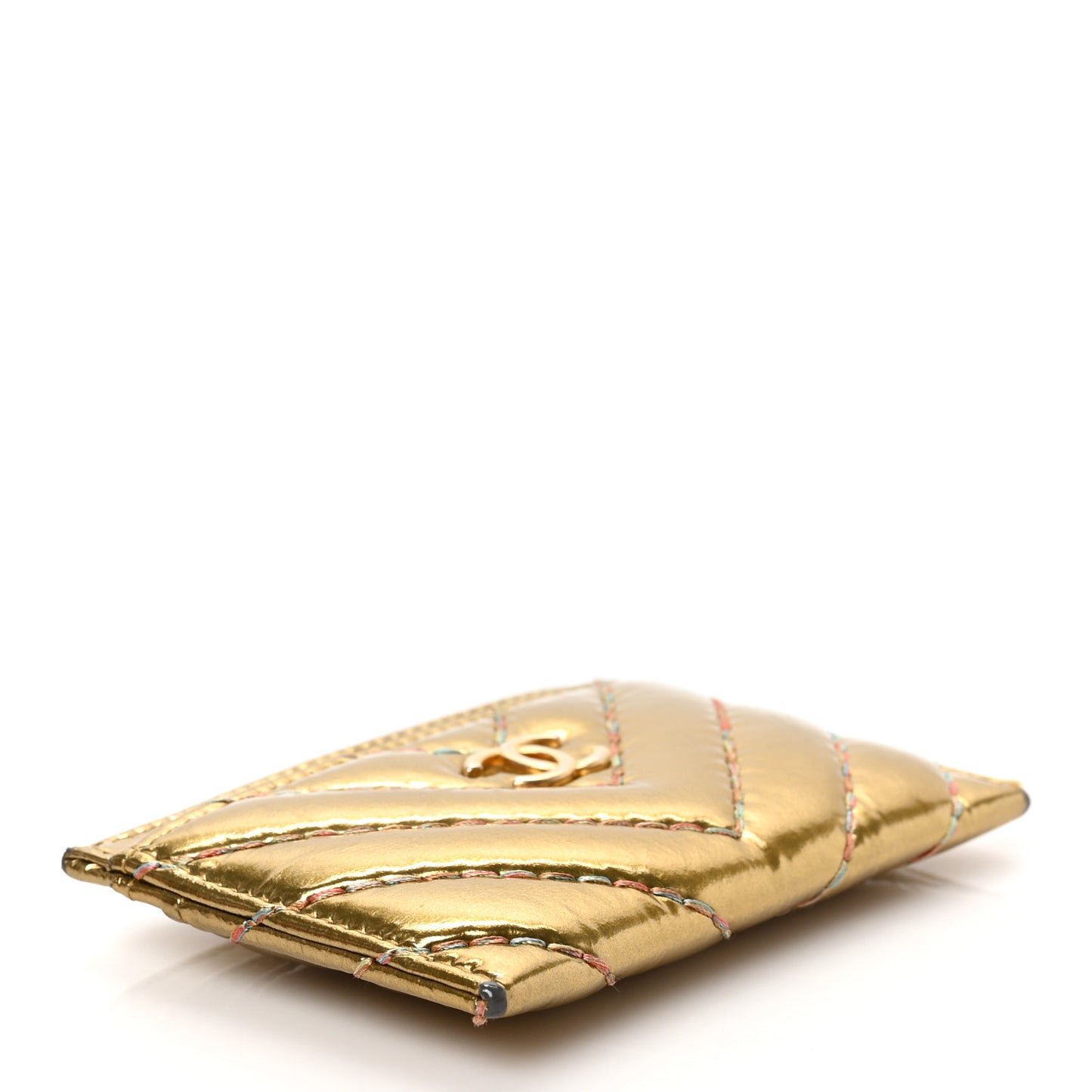 Metallic Calfskin Chevron Quilted Card Holder Gold