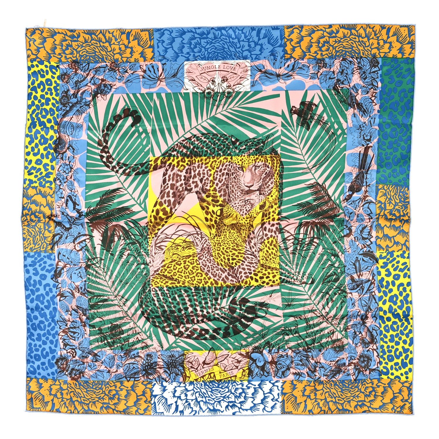 Hermes Silk Vintage Jungle Love au Tampon Scarf 70 Blue Moyen Vert Jaune 1 of 4