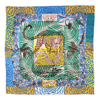 Hermes Silk Vintage Jungle Love au Tampon Scarf 70 Blue Moyen Vert Jaune 1 of 4