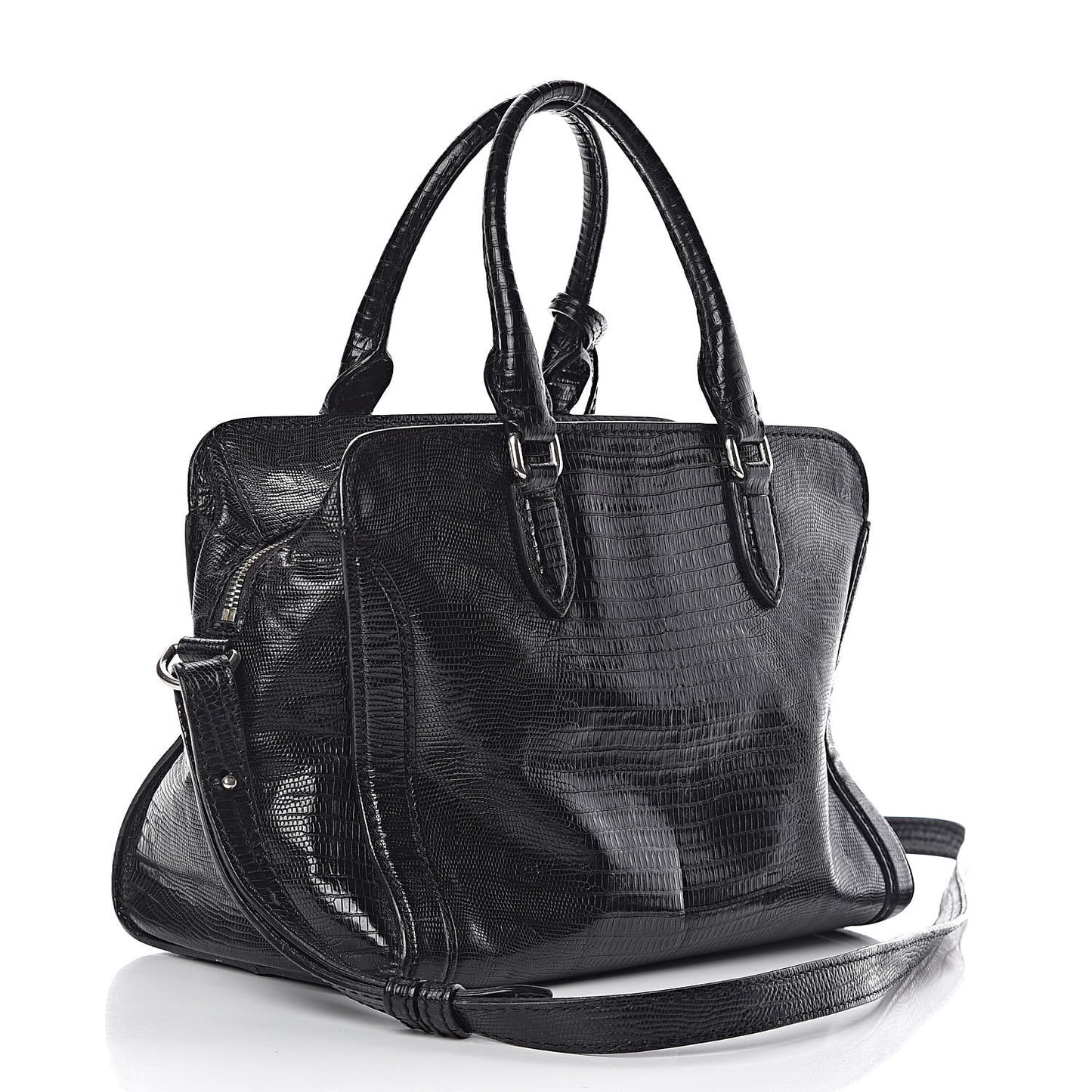 Calfskin Lizard Embossed Small Skull Padlock Zip Around Tote Black