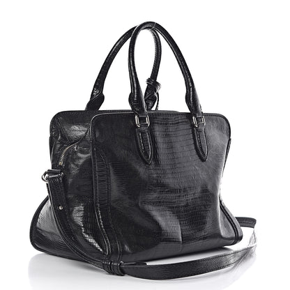 Alexander McQueen Calfskin Lizard Embossed Small Skull Padlock Zip Around Tote Black 3 of 12