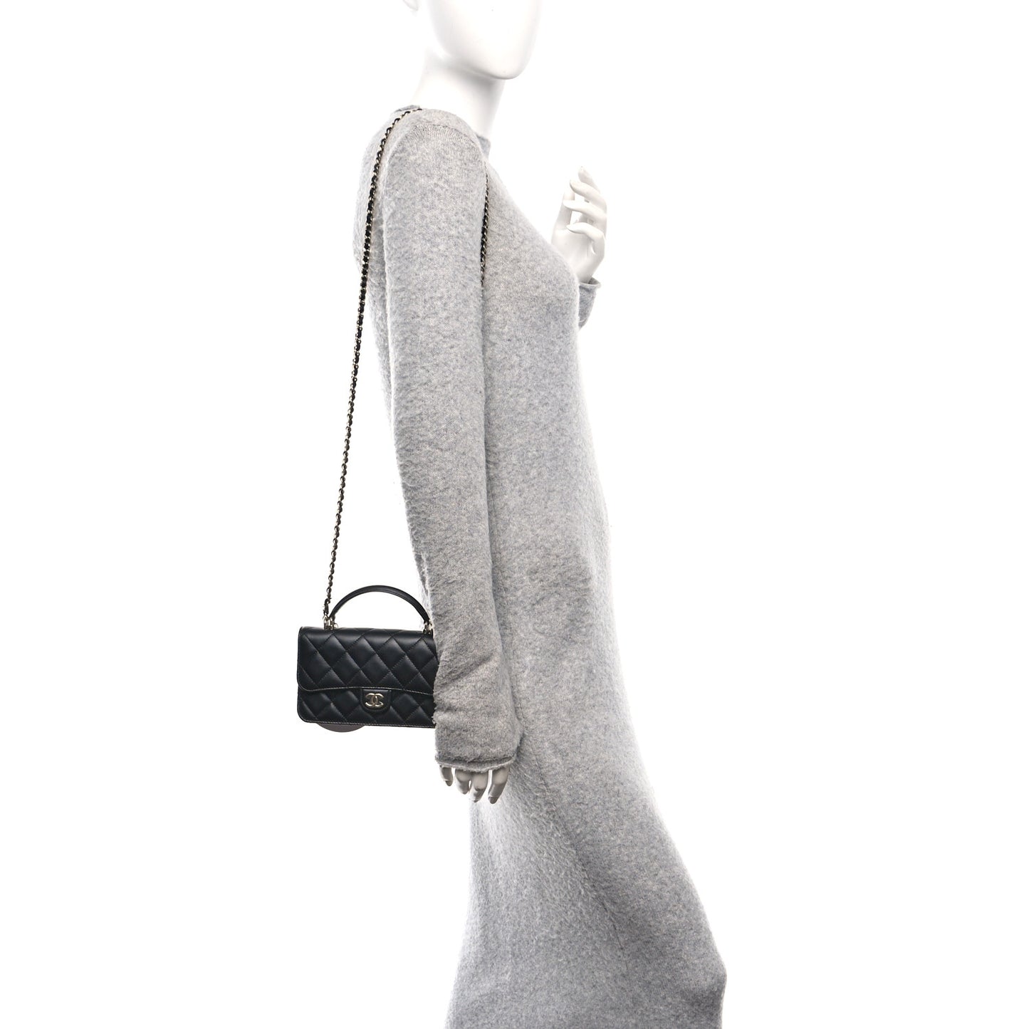 Lambskin Quilted Flap Phone Holder With Chain Black