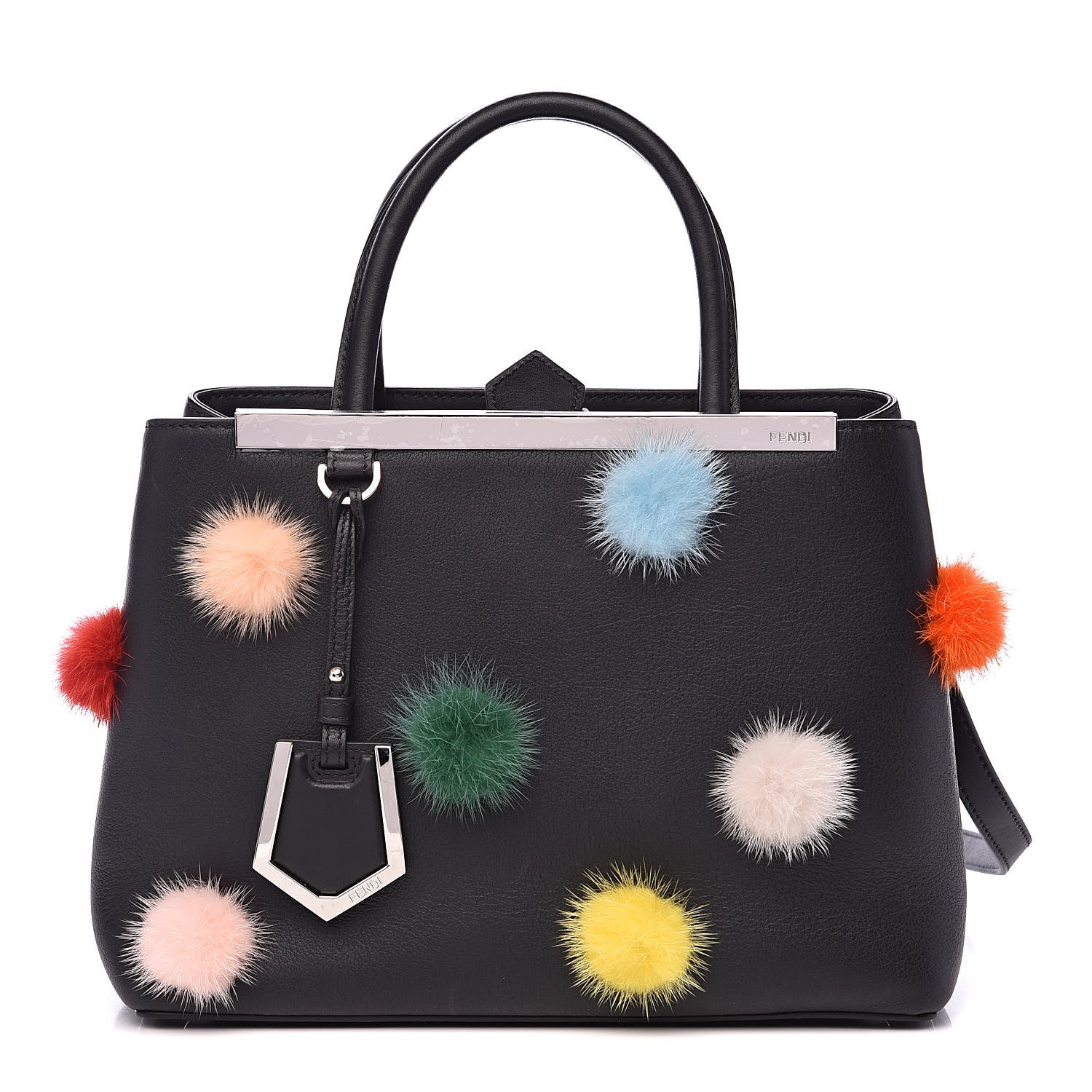 Fendi Vitello Dolce Mink Fur Pom Pom Petite 2Jours Tote Black Multicolor 1 of 11