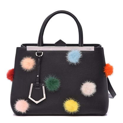 Fendi Vitello Dolce Mink Fur Pom Pom Petite 2Jours Tote Black Multicolor 1 of 11