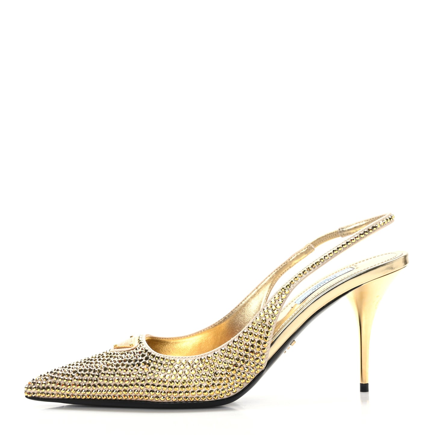 Satin Crystal Triangle Logo 85mm Slingback Pumps 38.5 Platino