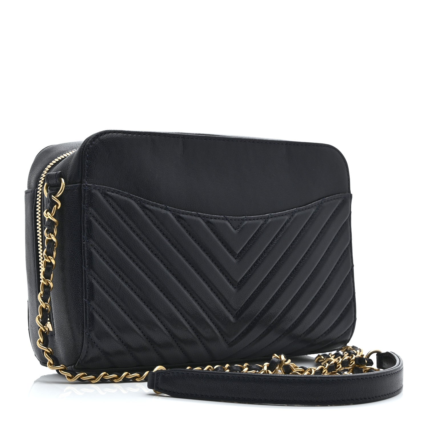 Chanel Shiny Sheepskin Chevron Quilted  Collar and Tie Camera Case Navy 3 of 10