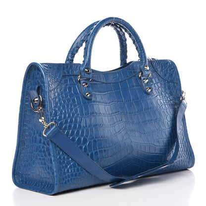 Balenciaga Calfskin Crocodile Embossed Classic Gold Hardware City Bleu Marine 4 of 9