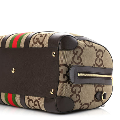 Gucci Monogram Jumbo GG Textured Dollar Calfskin Web Medium Duffle Bag Camel Ebony 9 of 13