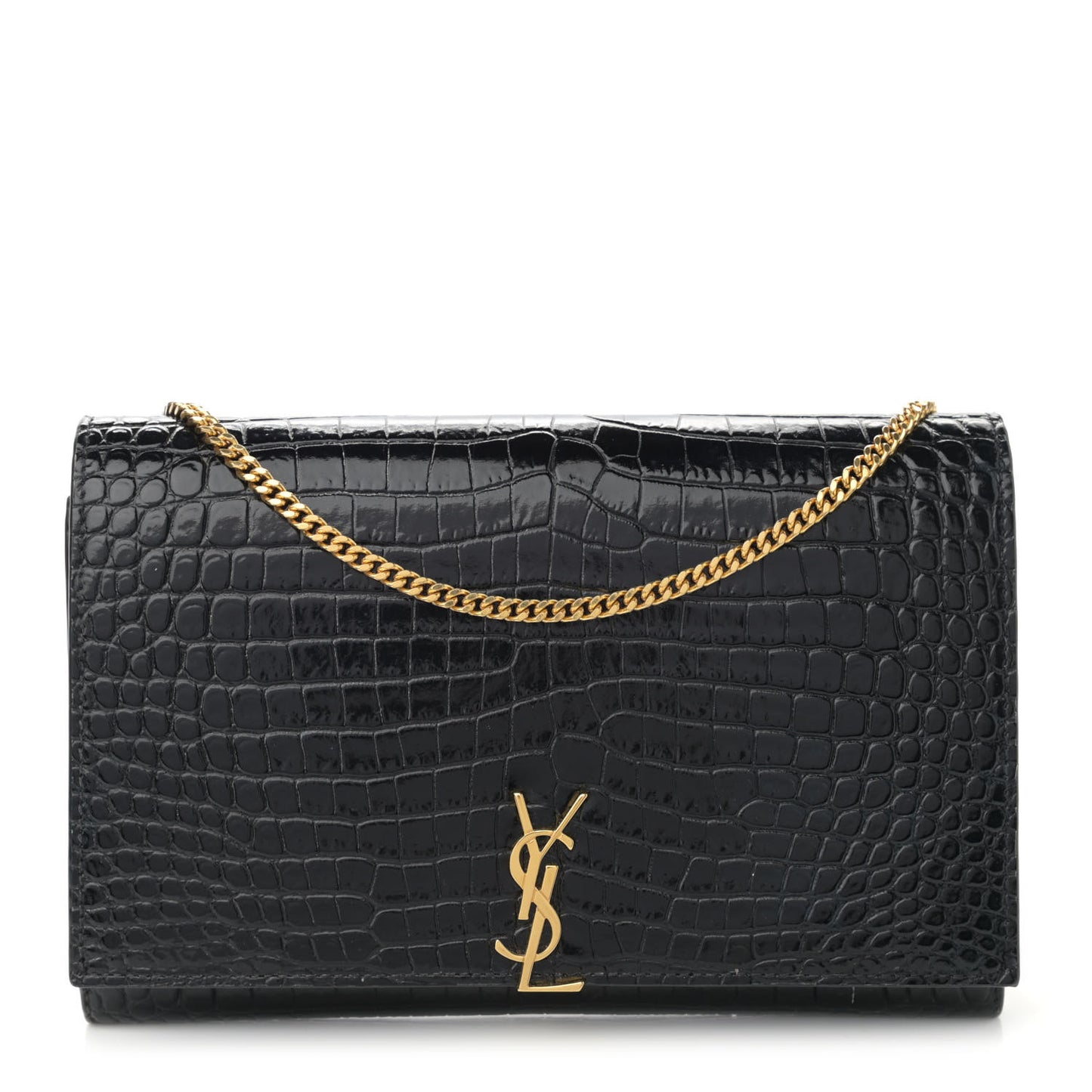 Calfskin Crocodile Embossed Monogram Chain Wallet Black